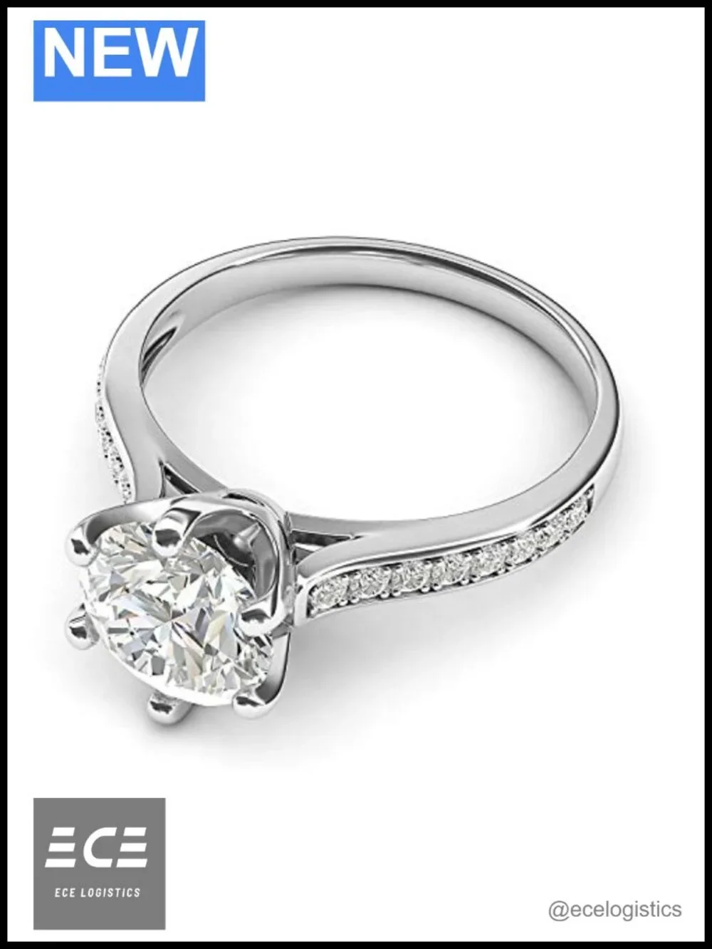 10k White Gold 2CT Moissanite Engagement Ring 6-Prong Side Stones Bridal